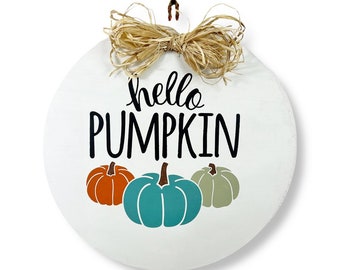 Fall Hello Pumpkin Door Hanger, Front Door Decor for Autumn, 18” Round, Pumpkin decor, Raffia Bow