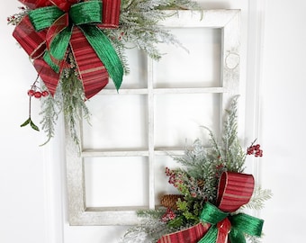 Farmhouse Christmas Window Pane, Christmas Door hanger, Rustic Christmas Wreath, Best Christmas Decor