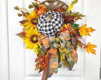 Autumn Tobacco Basket, Front Door Wreath, Buffalo Check Pumpkin, Fall Pumpkin Basket