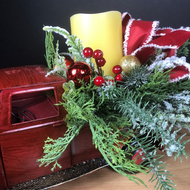 Christmas Evergreen Arrangement, Red Truck, Christmas Centerpiece, Xmas Decor image 8