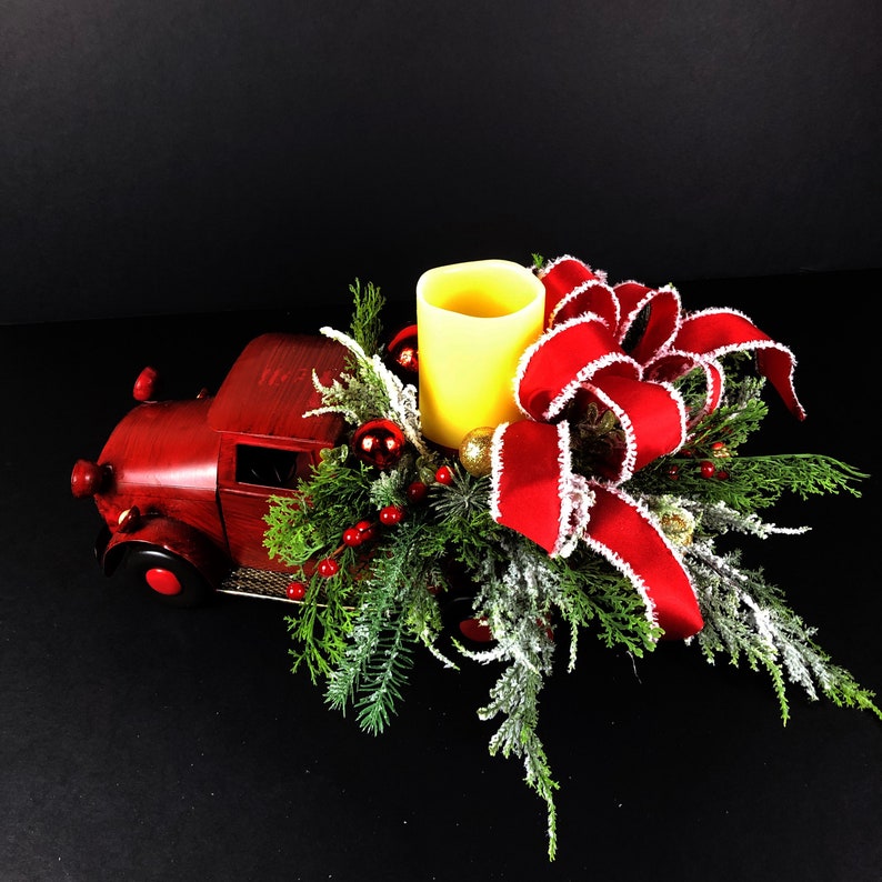 Christmas Evergreen Arrangement, Red Truck, Christmas Centerpiece, Xmas Decor image 2