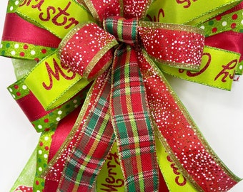 Christmas Bow, Bow for Wreaths, Gnome Christmas, Green and Red, Lantern Bow, Door Bow, Decorative Bow