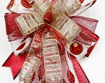 Christmas Bow, Bow for Wreaths, Red and Gold, Lantern Bow, Door Bow, Decorative Bow