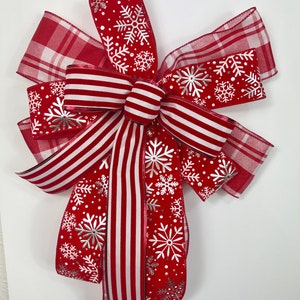 Christmas Bow, Bow for Wreaths, Red and Silver Snowflake,  Lantern Bow, Door Bow, Decorative Bow, Bow for Garland, Banister Bow