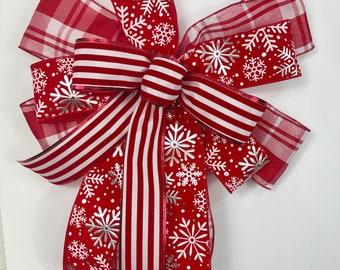 Christmas Bow, Bow for Wreaths, Red and Silver Snowflake,  Lantern Bow, Door Bow, Decorative Bow, Bow for Garland, Banister Bow