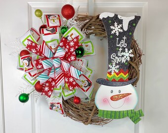 Let it Snow, Snowman Wreath, Christmas Wreath, Winter Wreath for Front Door