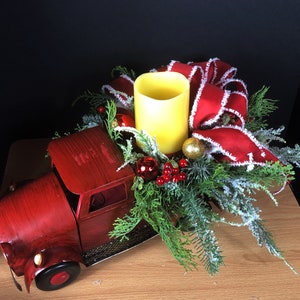 Christmas Evergreen Arrangement, Red Truck, Christmas Centerpiece, Xmas Decor image 1