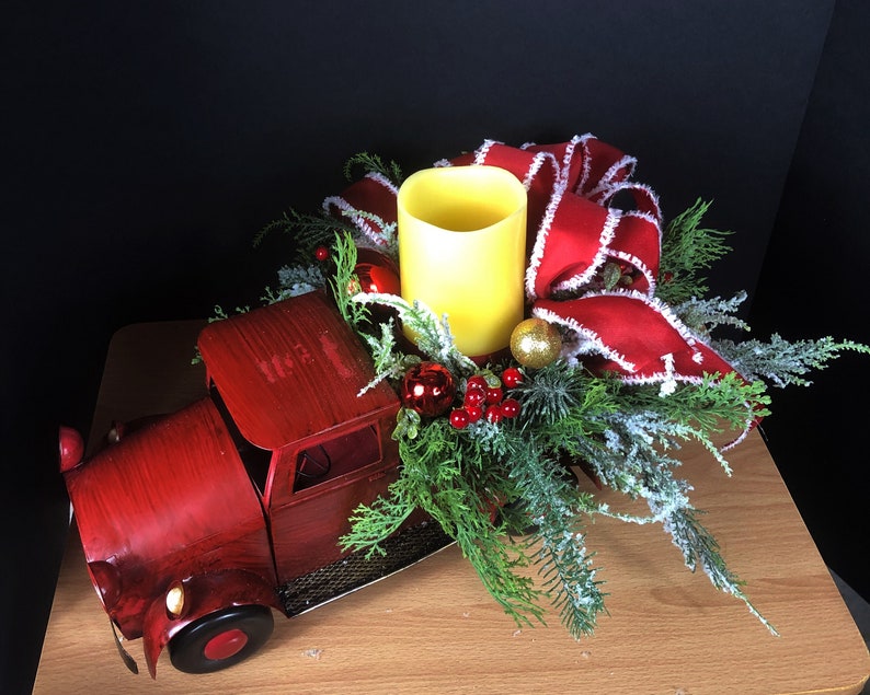 Christmas Evergreen Arrangement, Red Truck, Christmas Centerpiece, Xmas Decor image 1