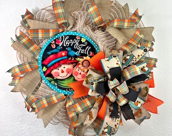 Happy Fall Slim Front Door Wreath, scarecrows, sunflowers, polka dots