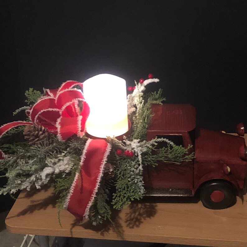 Christmas Evergreen Arrangement, Red Truck, Christmas Centerpiece, Xmas Decor image 7