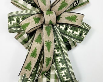 Christmas Bow, Bow for Wreaths, Rustic Green Farmhouse Bow, Lantern Bow, Door Bow, Decorative Bow