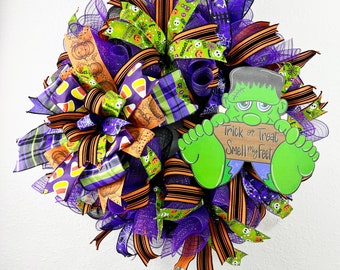 Trick or Treat Halloween Wreath, Frankenstein Whimsical Front Door Wreath