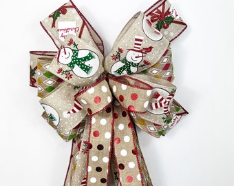 Christmas Bow, Bow for Wreaths, Traditional, Rustic Snowman, Lantern Bow, Door Bow, Decorative Bow