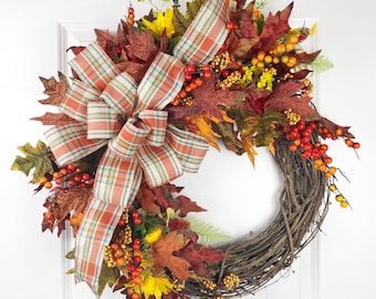 Fall Wreath for Front Door, Grapevine Wreath, Thanksgiving Wreath