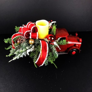 Christmas Evergreen Arrangement, Red Truck, Christmas Centerpiece, Xmas Decor image 4