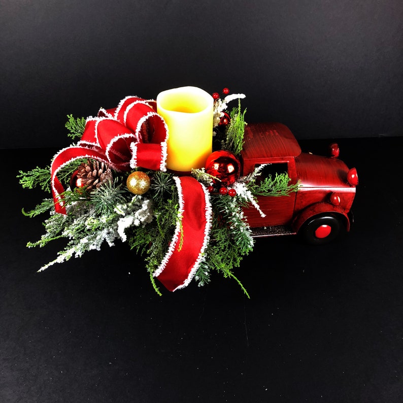 Christmas Evergreen Arrangement, Red Truck, Christmas Centerpiece, Xmas Decor image 4