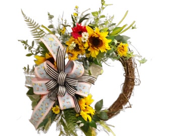 Sunflower Wreath with Colorful Accent Flowers. Wired Bow
