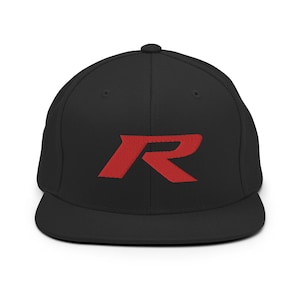 May include: A black and red baseball cap with a red "R" logo embroidered on the front.