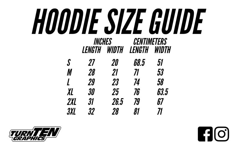 May include: Hoodie size guide chart with measurements in inches and centimeters. Sizes include S, M, L, XL, 2XL, and 3XL.  The chart shows length and width measurements for each size.