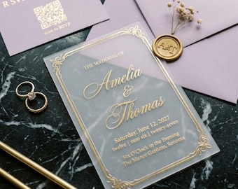 Lilac Acrylic Wedding Invitation Suite with RSVP Card: Clear Gold Suite Elegant Lilac Envelopes, Wedding Detail Card, QR Code RSVP