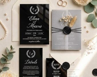 Black Acrylic Wedding Invitation Suite with White Ink, Vellum Wrap Dried Flowers, Wax Seal, RSVP & Details Card, QR Code Invites
