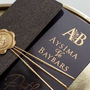 Black and Gold Foil Acrylic Wedding Invitations with Ribbon - Wedding Invitations - Clear Acrylic Invitations - Clear Acrylic Invites