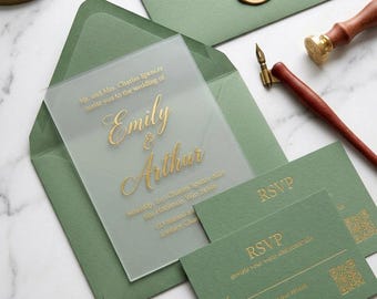 Sage Green Wedding Invitation, Frosted Acrylic Invitation Set with Gold Foil, QR Code RSVP Card, Wax Seal Envelope, Elegant Garden Wedding