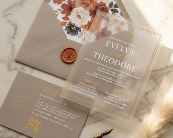 Gold Foil Acrylic Wedding Floral Invitation, Elegant RSVP Cards with Unique and Elegant Design