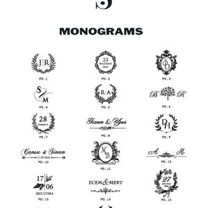 May include: A black and white image showing 18 different monogram designs. Each design features a unique combination of letters and decorative elements, such as wreaths, hearts, and floral motifs. The designs are labeled with numbers and the text "MONOGRAMS".