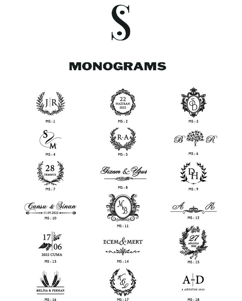 May include: A black and white image showing 18 different monogram designs. Each design features a unique combination of letters and decorative elements, such as wreaths, hearts, and floral motifs. The designs are labeled with numbers and the text "MONOGRAMS".