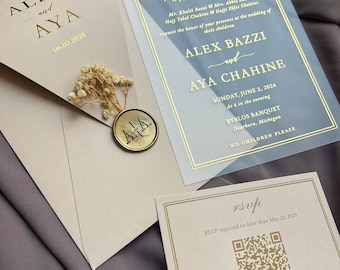Custom Frosted Acrylic Wedding Invitations: Elegant Modern Design Rose Gold Foil Champagne Envelopes