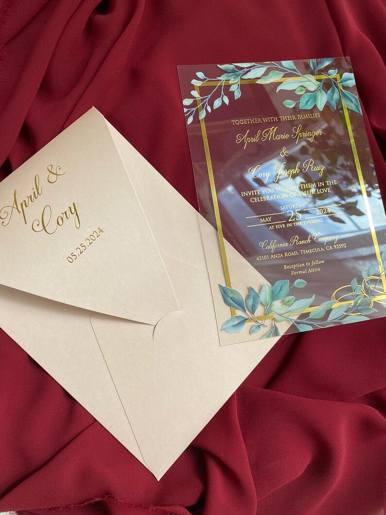 Elegante invitación de boda acrílica con detalles en lámina de oro, invitación de boda de lujo con estampado de lámina de rubor frustrada, invitación única de champán imagen 10