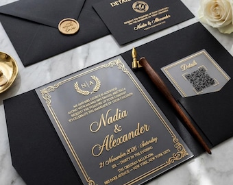 Black and Gold Acrylic Wedding Invitation Suite, Vintage Gold Foil Trifold Pocket Invites with Wax Seal, RSVP & QR Code Details Card
