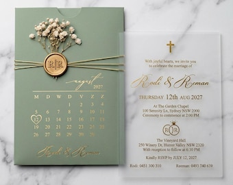 Sage Acrylic Wedding Invitation, Gold Foil Calendar Pocket Sleeve, Dried Flower Wax Seal Suite