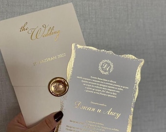 Gold Foil Wedding Invitation Set, Luxury Vellum Brush Stroke Custom Invite, Wax Seal Monogram Suite, Personalized Elegant Gold Cards