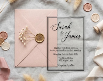 Invito di nozze in acrilico elegante con stampa in oro, dettagli blush, busta champagne – design moderno e raffinato