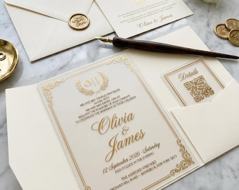 Acrylic Wedding Invitation Suite, Gold Foil Trifold Pocket Wedding Invites with Wax Seal, Vintage Custom Invitation Card, Save the Date