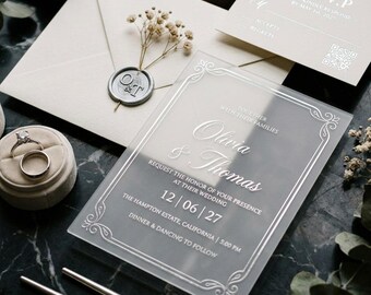 Creamy Ivory Acrylic Wedding Invitation Set with RSVP Cards & Detail Cards: Real Gold Foil with Real Dried Flowers and Wax Seals