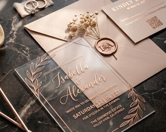 Nude Champagne Modern Acrylic Wedding Invitation Suite with Gold Foil & Detail Wax Card Set with Seal Custom Rustic Wedding Invitation