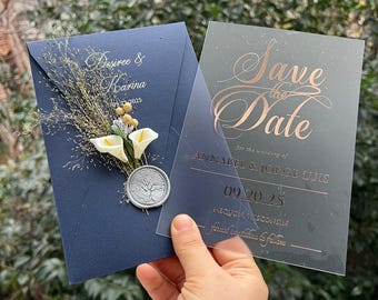 Navy Acrylic Wedding Invitations, Elegant Custom Design