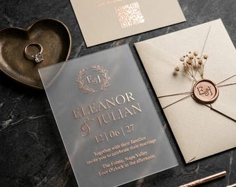 Invito Matrimonio in Acrilico Satinato con Foglia d'Oro, Busta Verde Bosco, Partecipazioni di Lusso Eleganti, Suite Matrimonio Smeraldo 2026
