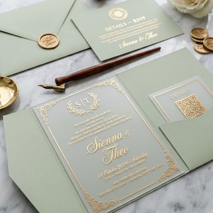Gold Glitter Acrylic Wedding Invitation Suite, Sage Green Envelope, RSVP Cards with Premium Invitation Set
