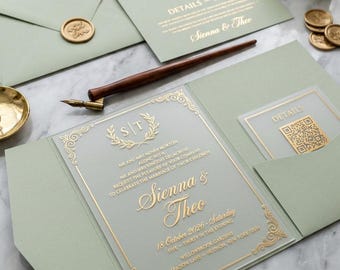 Gold Glitter Acrylic Wedding Invitation Suite, Sage Green Envelope, RSVP Cards with Premium Invitation Set