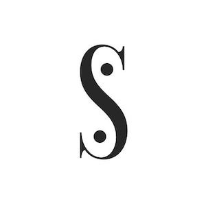 May include: Black and white stylized letter S with two black dots inside the letter.