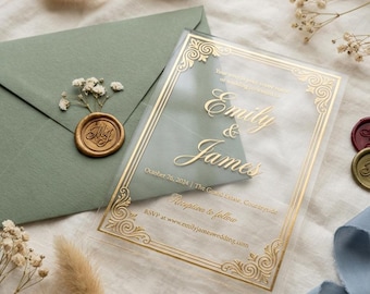 Invito Matrimonio in Acrilico Satinato con Foglia d'Oro, Busta Verde Bosco, Partecipazioni di Lusso Eleganti, Suite Matrimonio Smeraldo 2026