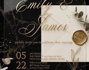 Clear Acrylic Wedding Invitation with Gold Foil Calligraphy, Ivory Envelope & Wax Seal, Custom Acrylic Wedding Set, Save the Date