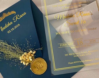 Clear Acrylic Wedding Invitation with Gold Foil – Elegant Custom Invite with Navy Envelope, Wax Seal & Dried Flowers – Modern Event Design