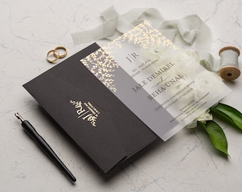 Black Acrylic Wedding Invitation, Elegant Clear or Frosted Invites