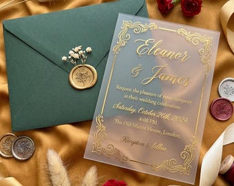 Invito Matrimonio in Acrilico Satinato con Foglia d'Oro, Busta Verde Bosco, Partecipazioni di Lusso Eleganti, Suite Matrimonio Smeraldo 2026