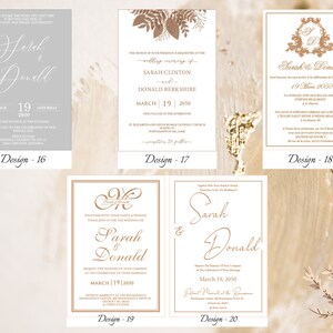May include: Five different wedding invitation designs with a white background and gold accents. The invitations feature the names "Sarah & Donald" and the wedding date "March 19, 2050".